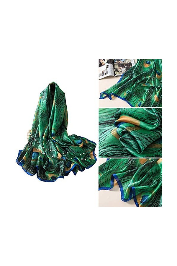 pu ran Hiver Chauds Grandes écharpes, Foulards De Plume De Paon De Mode Femmes Soie Couvrent Foulard Plage Voyage Châle Vert
