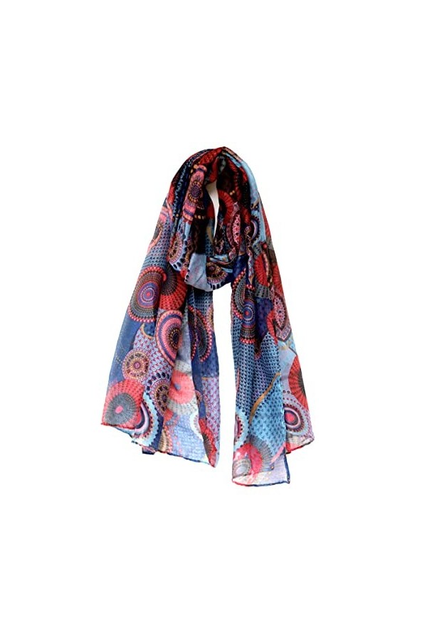Van Der Rich ® - Foulards Écharpe Dessin Fleurs dimension: 180cm*80cm - Femme 24-Rouge-Bleu, TU 