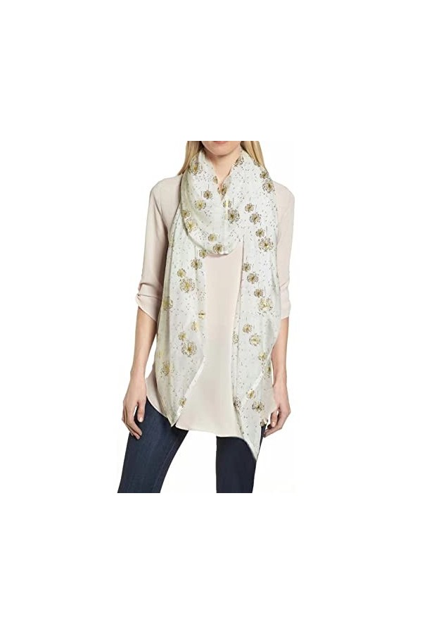 Lina & Lily Foulard Femme à Pissenlits Métallisées, Écharpe Tissu Léger 180cm X 75cm Blanc-Or 