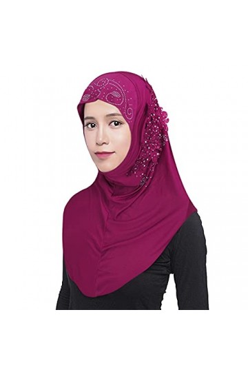 JINTN Hijab Foulard musulmane pour femme Belle Malaisie Foulard en soie dentelle fleur strass Hijab - Rose - One Size