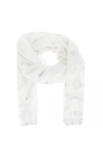 moonbow Foulard Femme à motif Papillon Argenté 30% Coton 70% Viscose Blanc - Grand Foulard Léger Long et Rectangulaire 180cm 