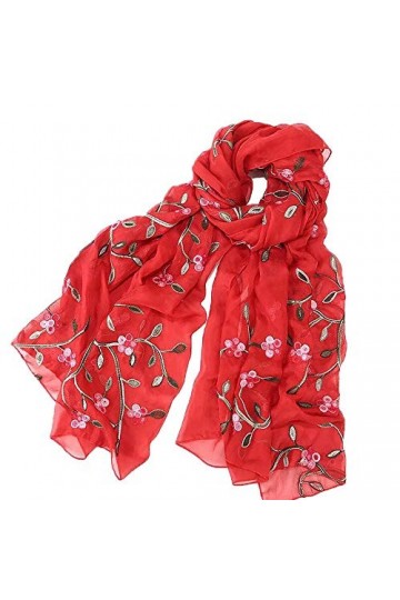 Pluto & Fox Foulard Femme Brodé de Fleurs Foulard en Soie Elégant Design Rétro Foulard Etole de Cou Rouge 