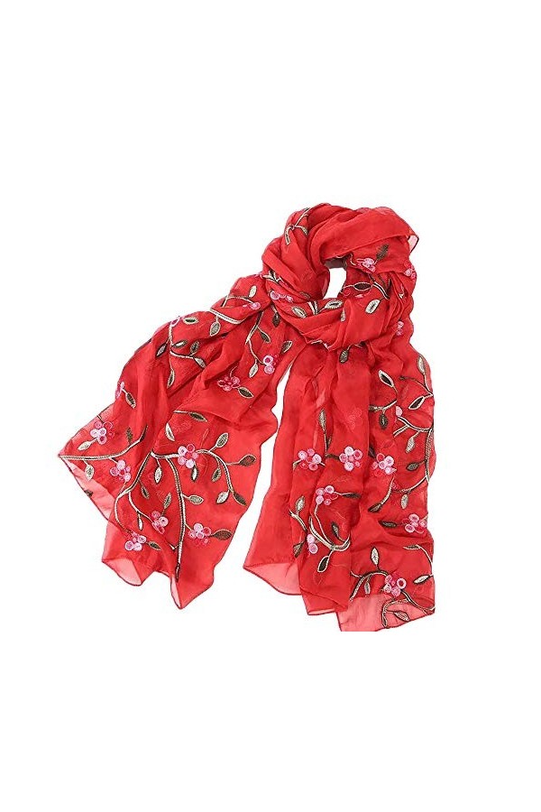 Pluto & Fox Foulard Femme Brodé de Fleurs Foulard en Soie Elégant Design Rétro Foulard Etole de Cou Rouge 