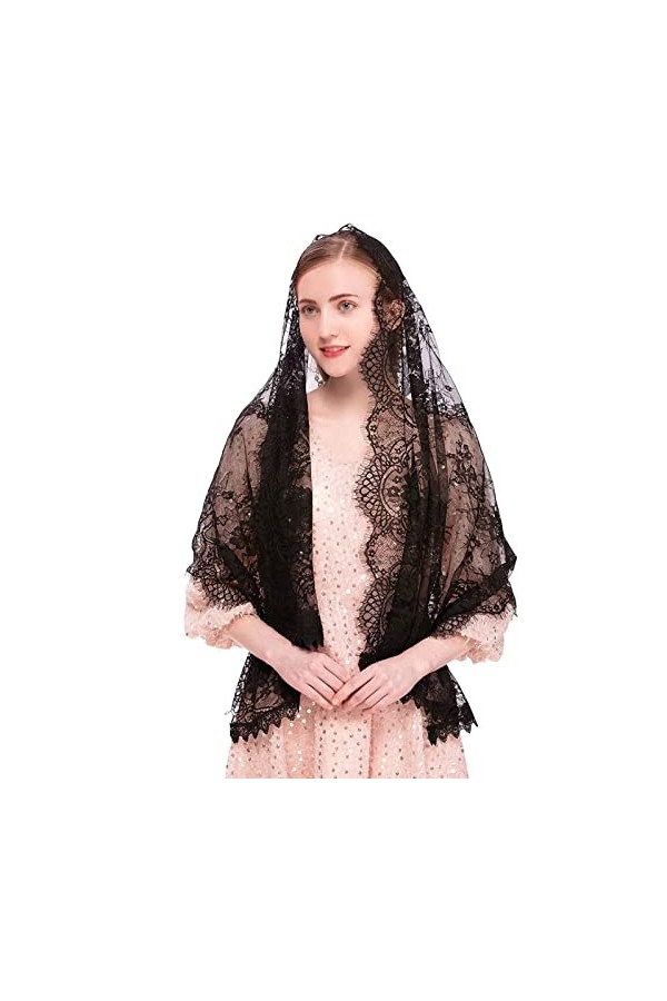 RUNRAYAY Écharpe en Dentelle Noire, Foulard de Tête Voile de Chapelle Rectangulaire Spanis Floral Veils Wrap Shawl Mass Head 