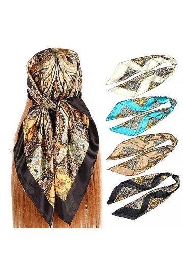 KALUROIL 4 PCS Foulard Cheveux - Foulards en Satin pour Femmes - Grandes Écharpes Carrées avec Motifs Classiques - Accessoire