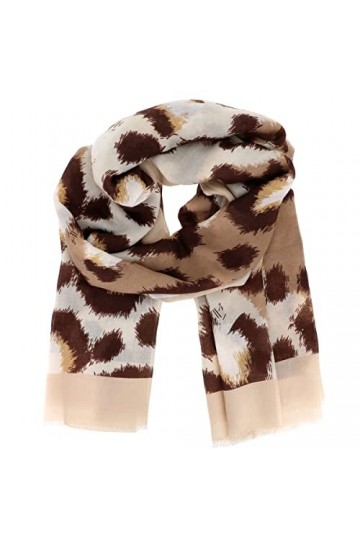 moonbow Foulard Léopard Beige finition Frangée 180cm x 90cm - Foulard Femme Motif Imprimé Animal Original 50% Coton 50% Visco