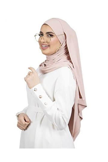 Hijab à enfiler à nouer avec ouvertures pour lunettes/écouteurs pour femme musulmane voilée Rose Poudré 