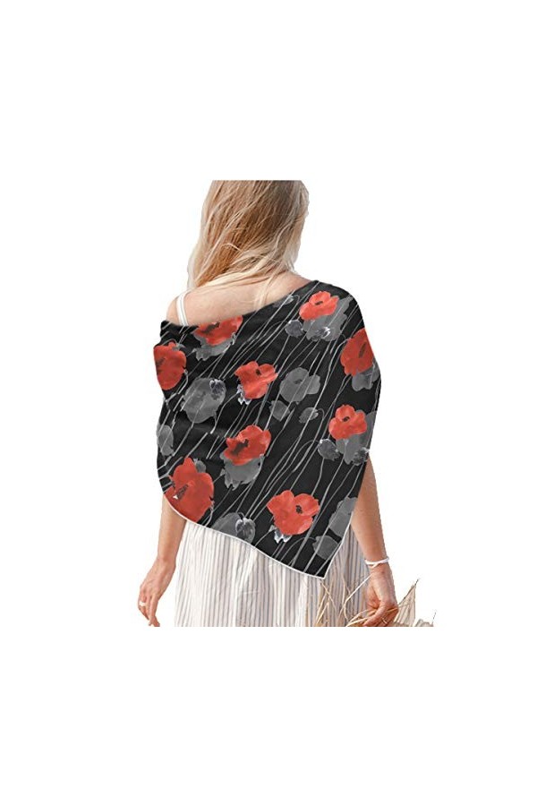 Foulard carré en soie pour cheveux – Rouge et gris avec fleurs de coquelicots