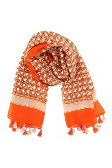 Foulard Pompon Femme Orange à Motif Imprimé 50% Coton et Viscose - Foulard Original Léger Long et Rectangulaire 180cm x 90cm 