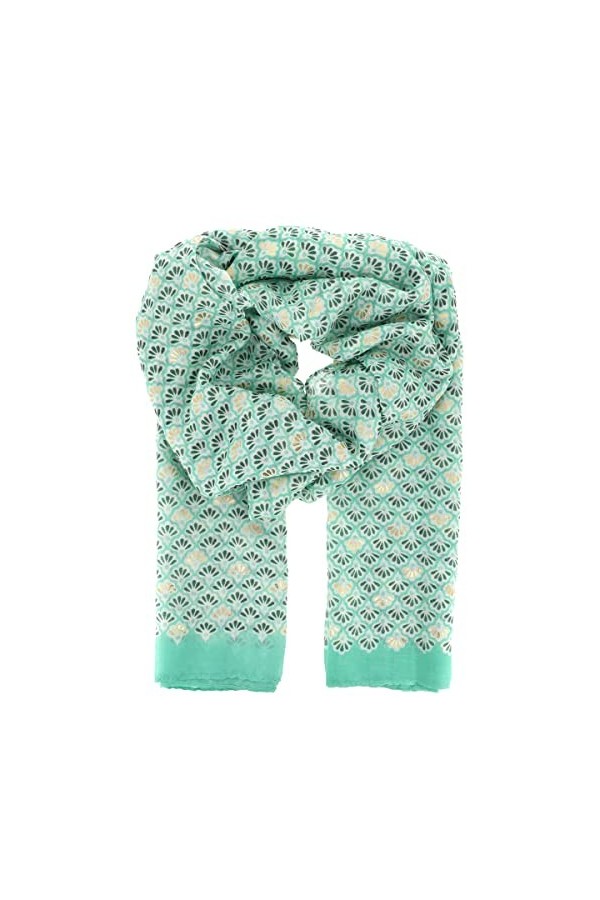 Foulard Femme Motif Imprimé Feuilles Vert deau et Doré - 50% Coton et Viscose - Grand Foulard Original Long et Rectangulaire