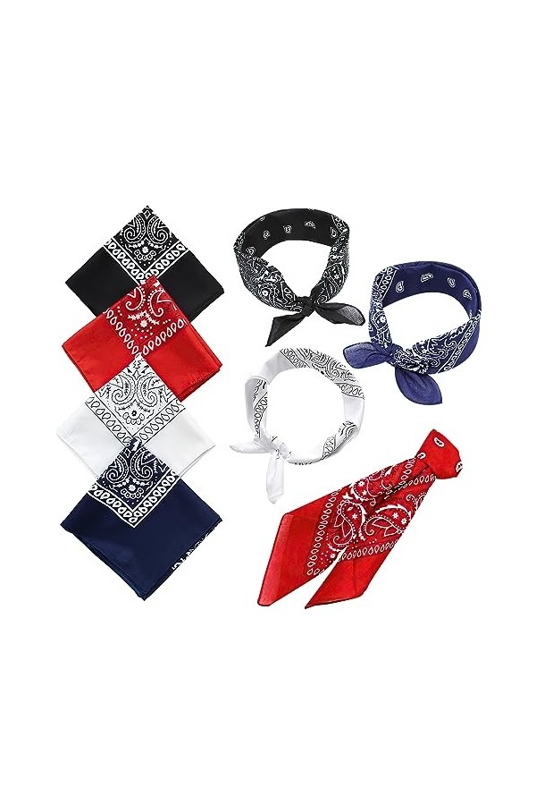 Lot de 4 bandanas, unisexes, 90 x 90 cm, grande taille, bande respirante, bandeau, mouchoir, bandeau, cou, style rétro, embal