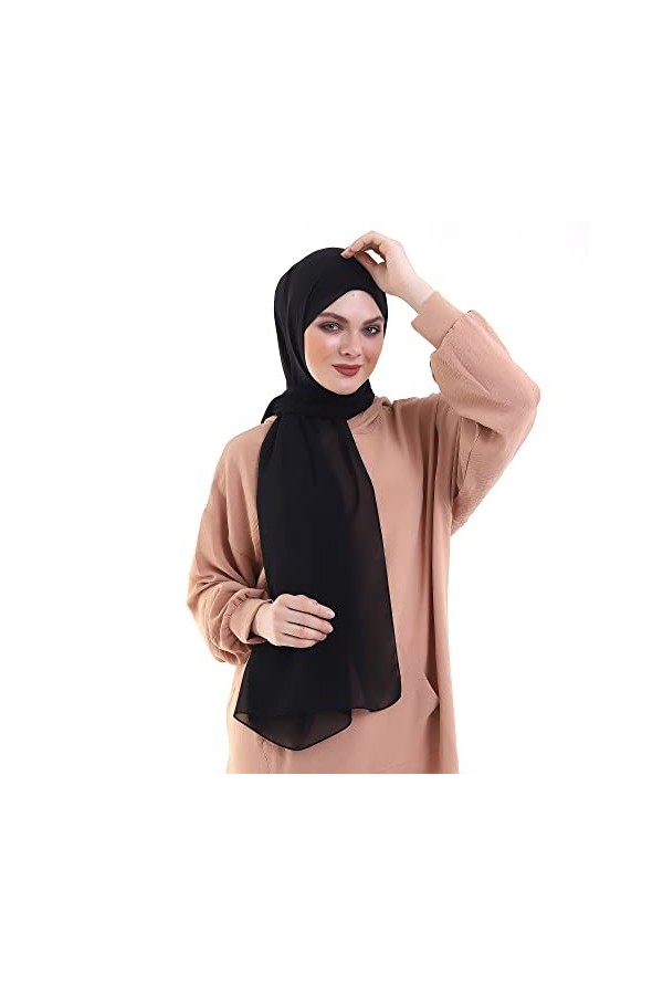 Hijab Mousseline - Voile Foulard Musulman - 190cm x 75cm - Taille Unique - Noir