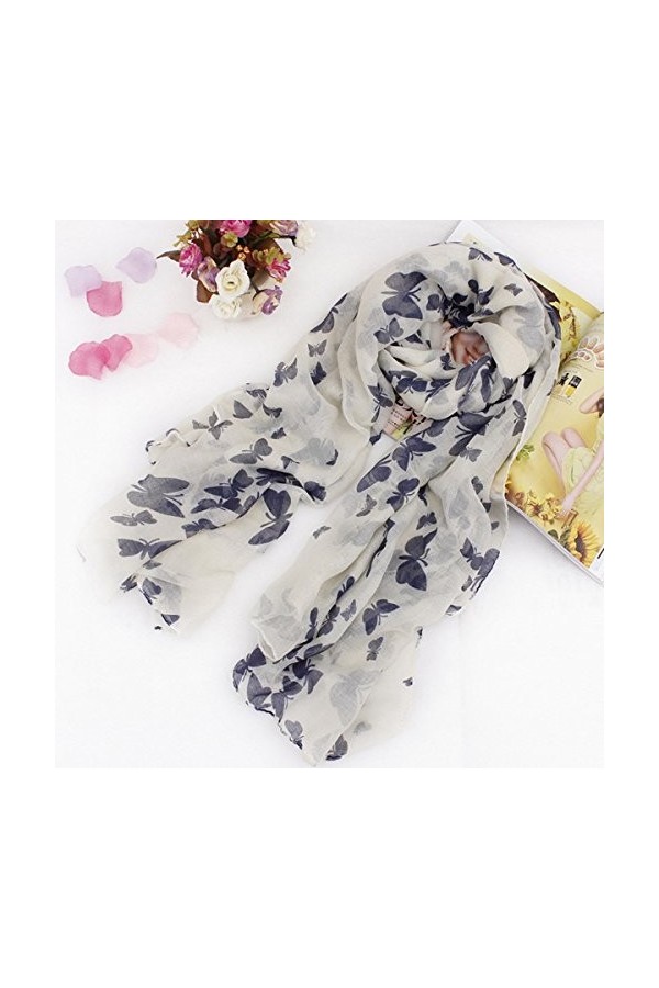 VORCOOL Voile Écharpe Longue Doux Foulard avec Papillon Bleu + Blanc 