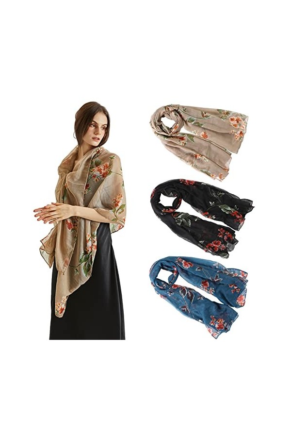 WELROG 3 PCS Foulard Femme - Voile Echarpes Longue Femme Écharpe Châle Pour Femme Etole Femme Écharpe à Fleurs pour LHiver, 