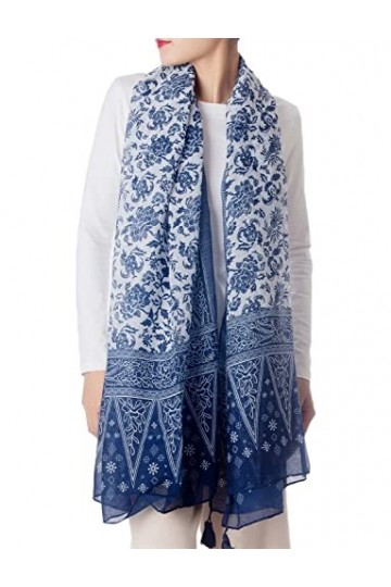 iB-iP Femme Imprimé Porcelaine Bleu-blanc Superbe Poid Léger Mode Longue Foulard, Taille: Taille unique, Royal