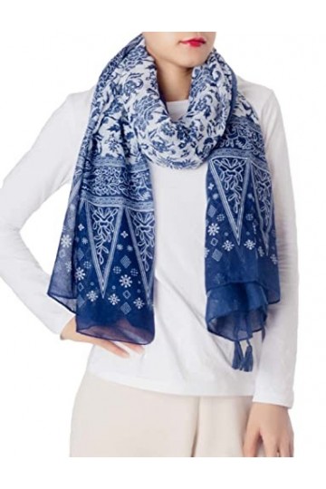 iB-iP Femme Imprimé Porcelaine Bleu-blanc Superbe Poid Léger Mode Longue Foulard, Taille: Taille unique, Royal