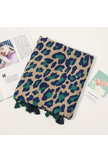 Muzboo Écharpe élégante pour femme, motif à pompons, écharpe légère pour plage, soirée, mariage, 180 x 85 cm, vert + léopard,