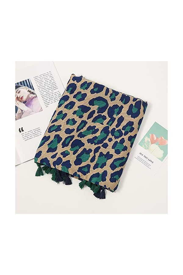 Muzboo Écharpe élégante pour femme, motif à pompons, écharpe légère pour plage, soirée, mariage, 180 x 85 cm, vert + léopard,