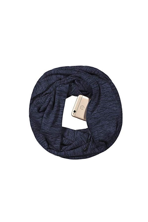 Simoda Foulard femme à carreaux infinity hiver écharpes douces et chaudes avec une poche cachée secrète Navy 