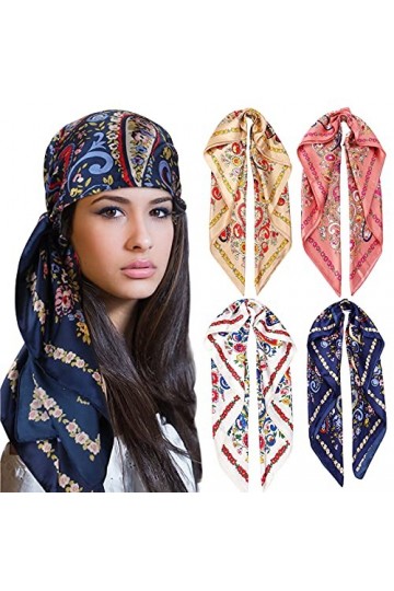 MOFASVIGI Lot de 4 grands foulards carrés en satin pour femme - Toucher soie - Foulard pour cheveux - Foulard de cou - Bandan