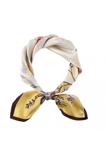 HOULIFE Foulard en soie pour femme - 100 % satin - Motif cachemire - Petit motif carré - Vintage - 53 x 53 cm - Jaune - Small
