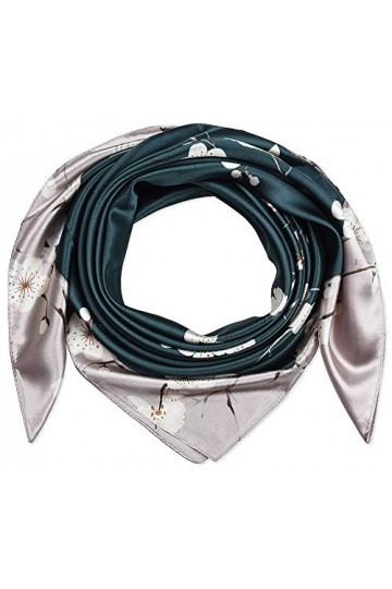corciova Foulard carré en satin pour femme 35 x 35 cm, 623 - Argent pâle - Vert nuit - Fleur de pêche