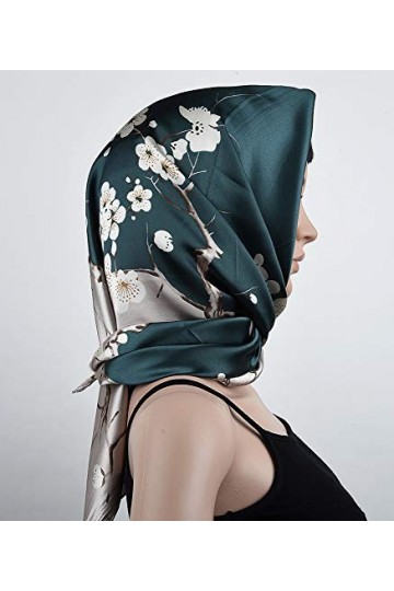 corciova Foulard carré en satin pour femme 35 x 35 cm, 623 - Argent pâle - Vert nuit - Fleur de pêche