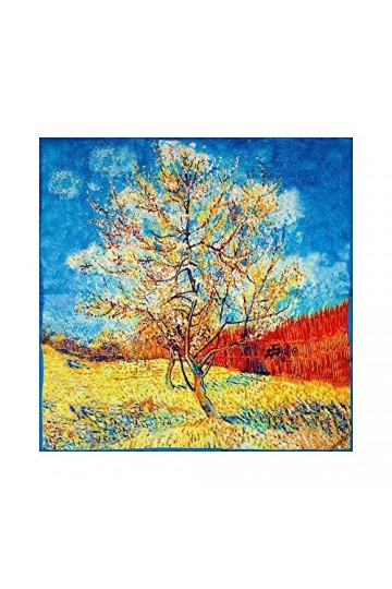Moondrops Silver Van Gogh Pêche Arbre - Carré foulard - 53cm - 100% Véritable Pure Soie Naturelle