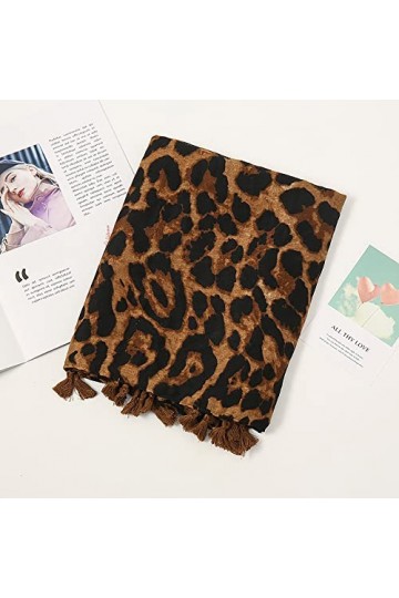 Muzboo Foulard fin pour femme - En fil de balinais - Design à franges - Pour printemps, été, toute lannée, Marron + léopard,