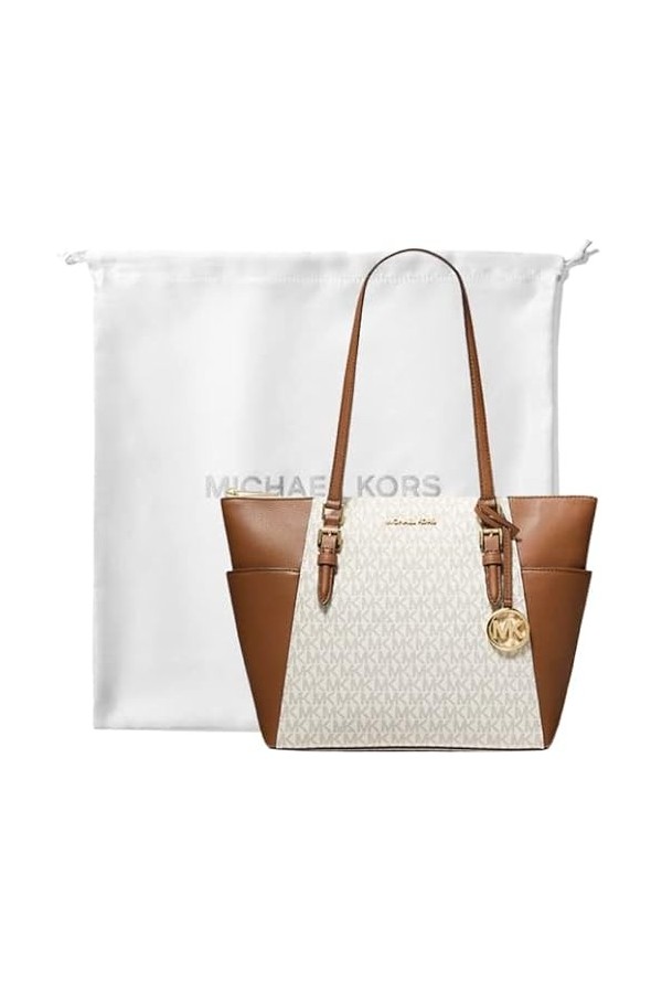 Michael Kors Charlotte Signature Grand sac fourre-tout avec fermeture éclair sur le dessus et sac à poussière XL, vanille