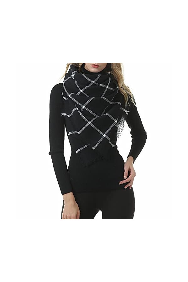 Durio Foulard triangulaire pour femme - Écharpe dautomne fine - Doux - Écharpe de couverture élégante - Avec franges, Noir A