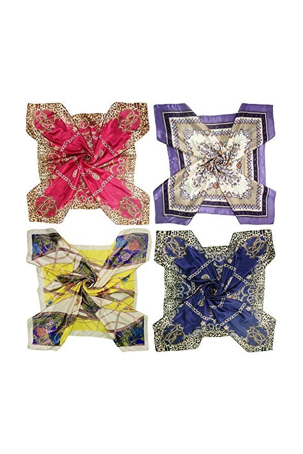 LilMents Lot de 4 grands foulards carrés en satin 90 × 90 cm, Set Y28, Taille Unique