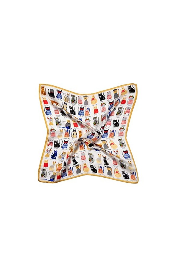 MayTree Foulard en soie multicolore pour femme 100 % soie de mûrier carré chat 53 x 53 cm, Blanc., 53 cm