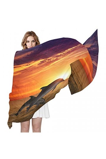 Écharpe légère pour femme avec motif dauphins - Coucher de soleil rouge sur la mer