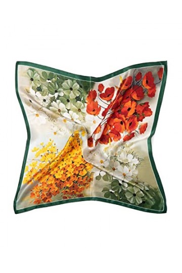 MayTree Foulard en soie pour femme - 100 % soie de mûrier - Carré 4 saisons - 53 x 53 cm, Vert/orange/rouge., 53 cm