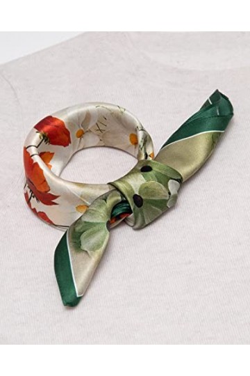 MayTree Foulard en soie pour femme - 100 % soie de mûrier - Carré 4 saisons - 53 x 53 cm, Vert/orange/rouge., 53 cm