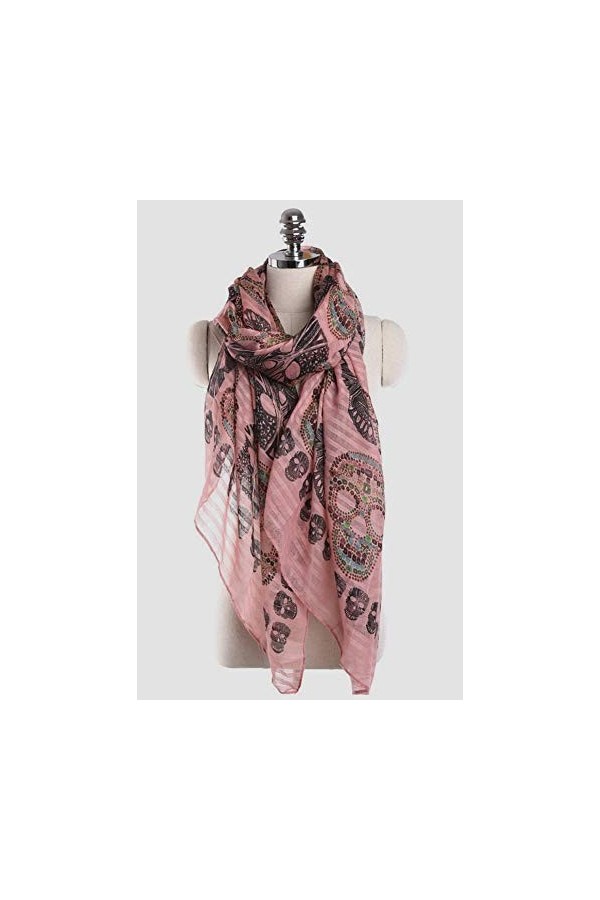 Générique Foulard viscose imprimé tête de mort fond rose, 180 x 90 cm.