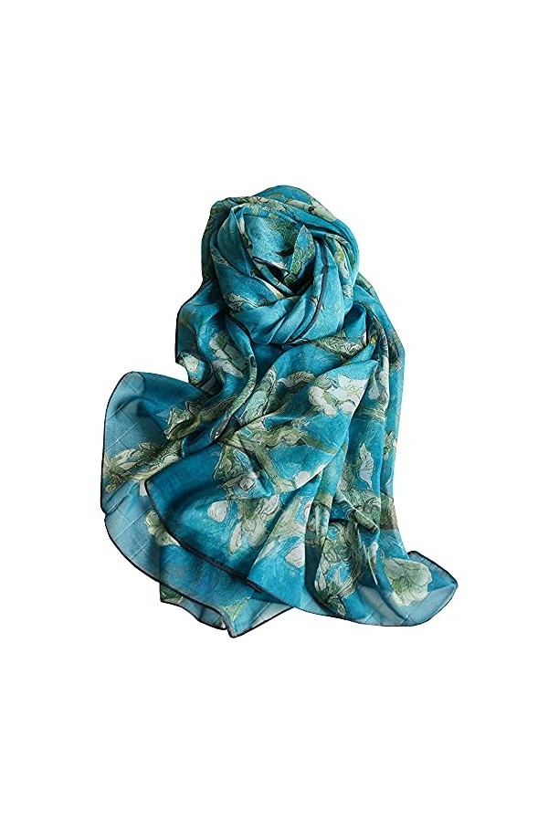 Foulard Femme Soie de Mûrier 100% Léger Écharpe Cadeau Silk Scarf Paon-bleu 