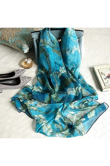 Foulard Femme Soie de Mûrier 100% Léger Écharpe Cadeau Silk Scarf Paon-bleu 