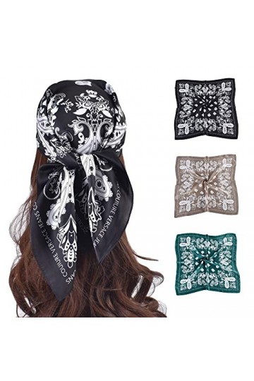 TOEECY 3 Pièces Foulard Carré pour Femmes Filles Boho Square Bandana Paisley Fichus et Foulards de tête Satin Soie Bandanas V