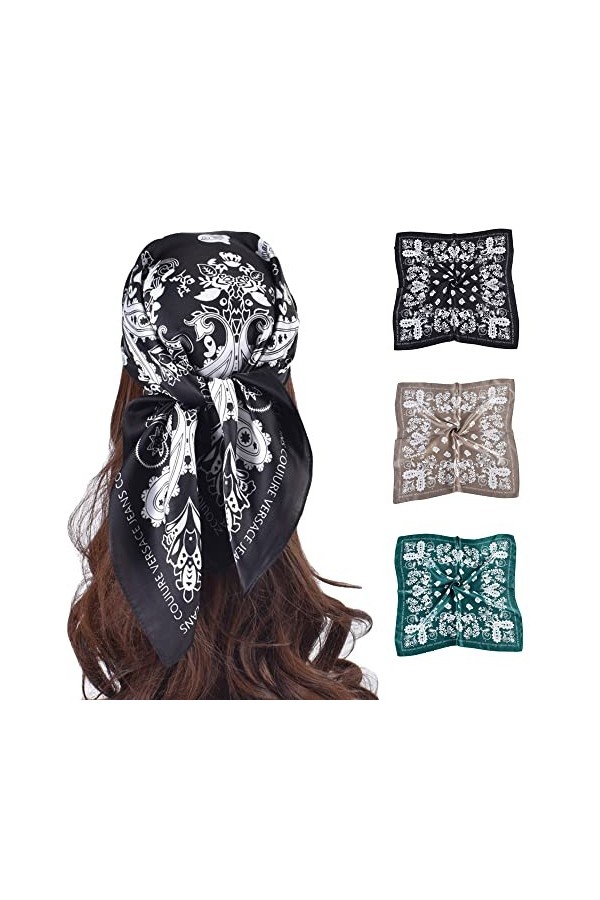 TOEECY 3 Pièces Foulard Carré pour Femmes Filles Boho Square Bandana Paisley Fichus et Foulards de tête Satin Soie Bandanas V