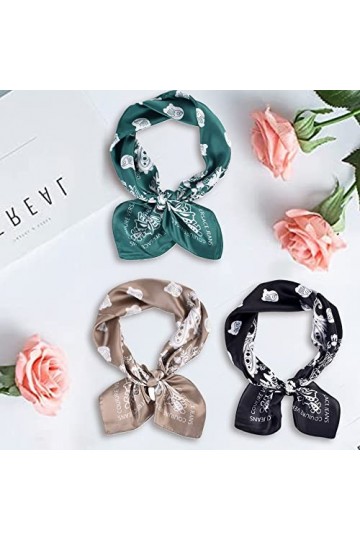 TOEECY 3 Pièces Foulard Carré pour Femmes Filles Boho Square Bandana Paisley Fichus et Foulards de tête Satin Soie Bandanas V
