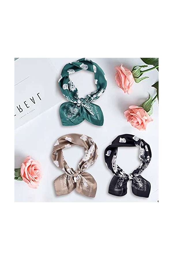 TOEECY 3 Pièces Foulard Carré pour Femmes Filles Boho Square Bandana Paisley Fichus et Foulards de tête Satin Soie Bandanas V