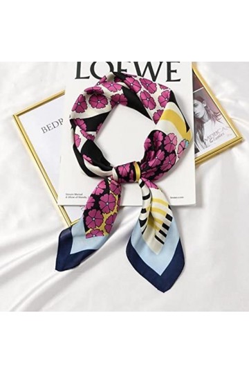 QINQIN Femmes Soie Cheveux Foulard Bandeau Multifonction Casual Florals Rayé Petit Carré Foulards pour Fille Bandana 70 * 70 