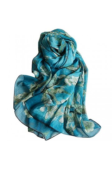 Foulard Femme Soie de Mûrier 100% Léger Écharpe Cadeau Silk Scarf Paon-bleu 