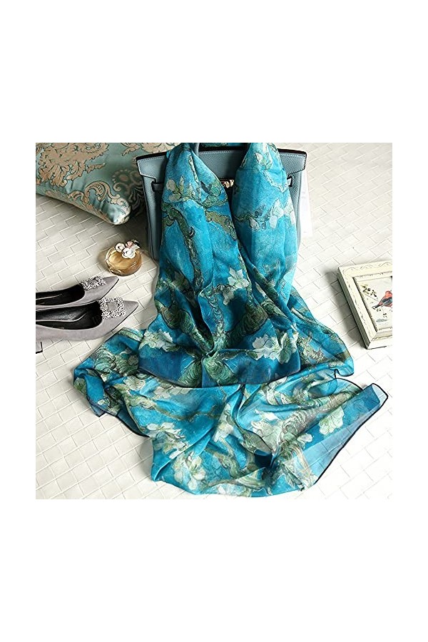 Foulard Femme Soie de Mûrier 100% Léger Écharpe Cadeau Silk Scarf Paon-bleu 