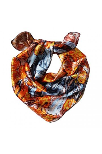 LIDA LYDI Foulard carré Satin en 100% Soie.90CMx90CM, Couleur Orange, Marron et Gris.