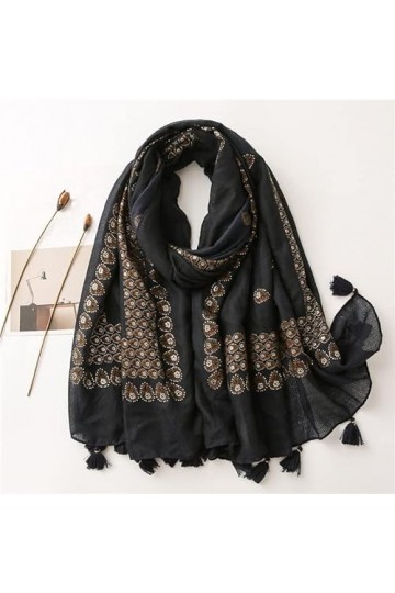 DEPILA Mode Automne enveloppes écharpe en Soie Musulmane, Noir Or Floral Gland Viscose châle écharpe Femmes miroitant Doux Hi