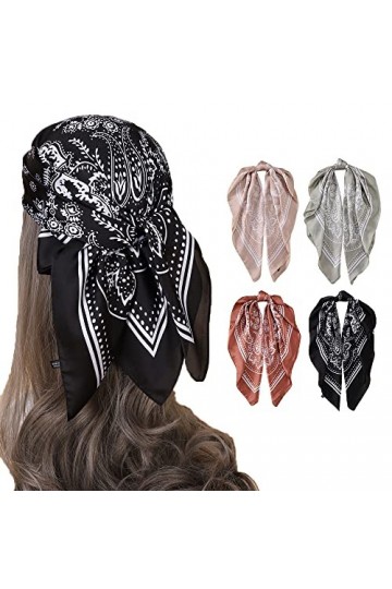 TOEECY 4 Pcs Foulard Carré Femmes Boho Square Bandana Paisley Fichus et foulards de tête Filles Satin Soie Bandanas Vintage C