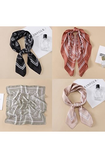 TOEECY 4 Pcs Foulard Carré Femmes Boho Square Bandana Paisley Fichus et foulards de tête Filles Satin Soie Bandanas Vintage C